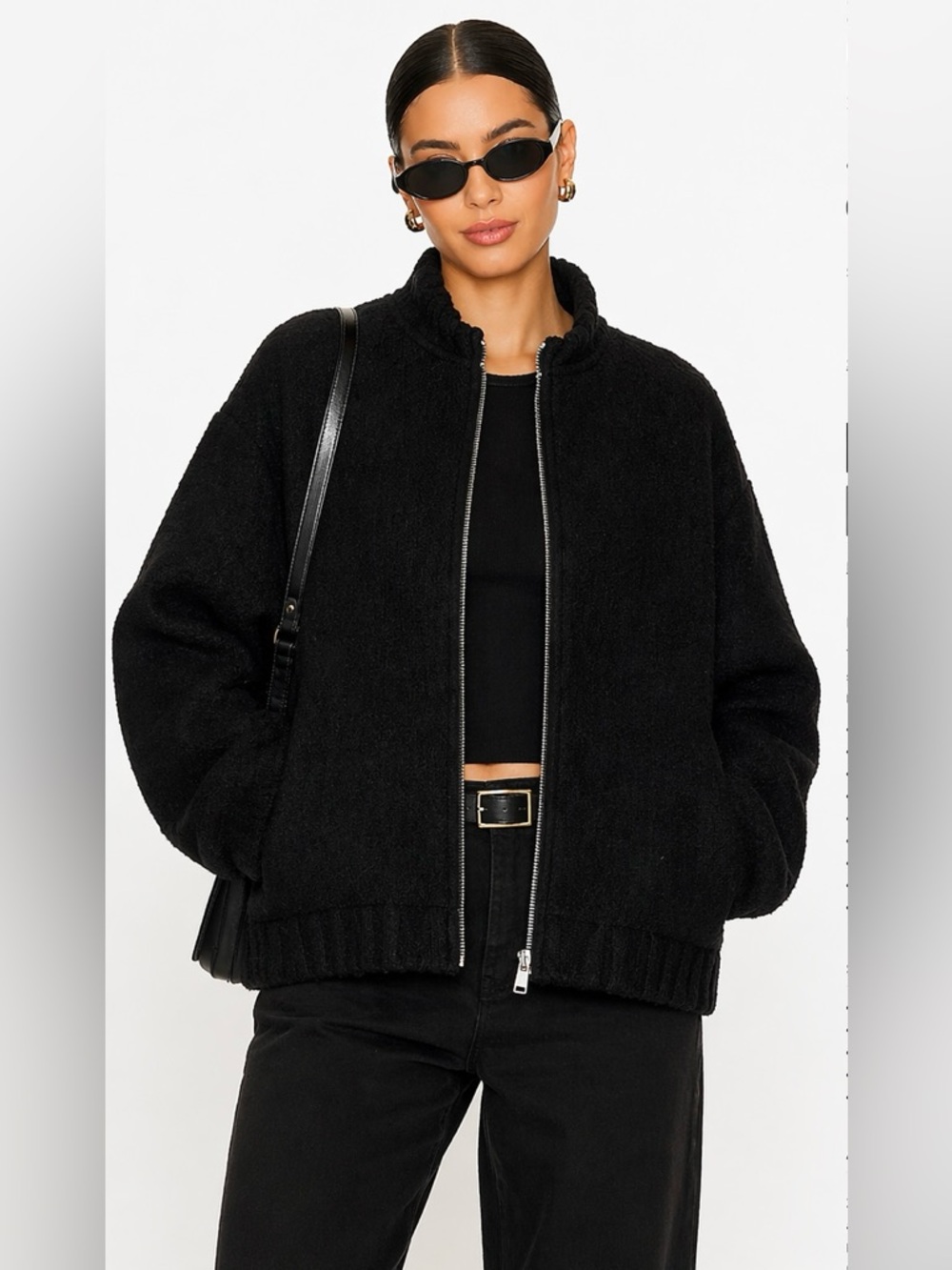 Zara Black Bouclé Cropped Jacket Small Textured Zip Up